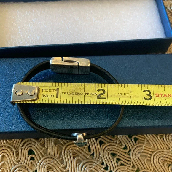 Women’s Small Black Leather Triple Strand Bracelet Magnetic Clasp and Blue Stone - Picture 8 of 9